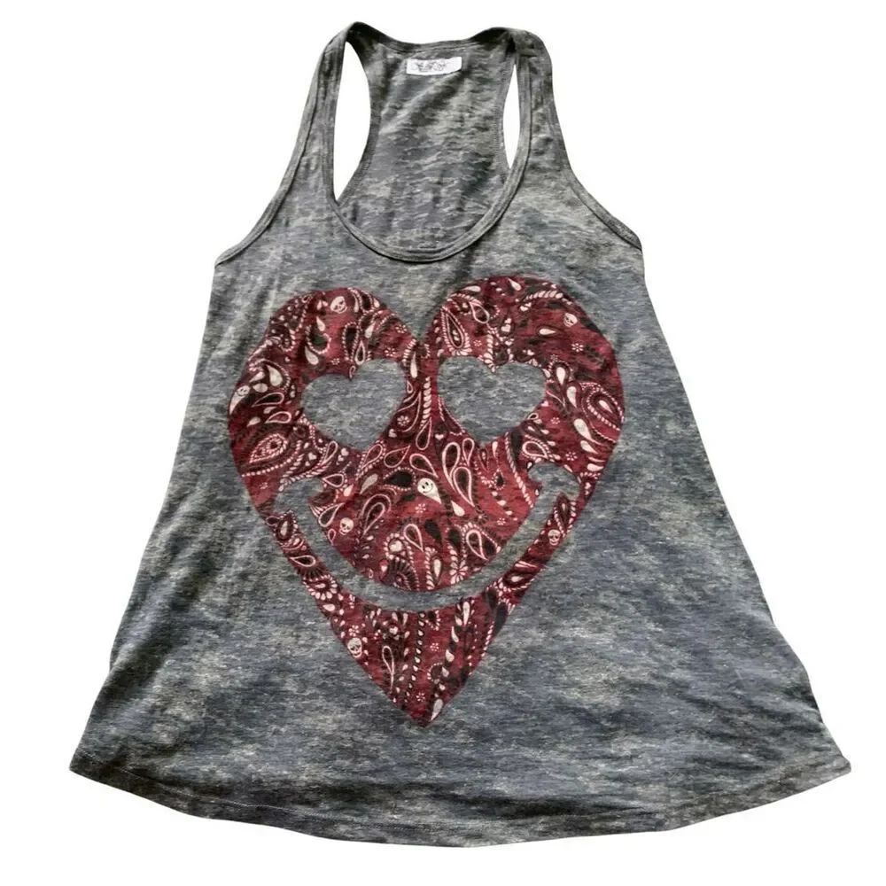 Lauren Moshi ashlin gray Graphic heart face Tank Top sz S